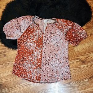 Boho Floral Patchwork Puff Sleeve Vneck Top Women's Size L